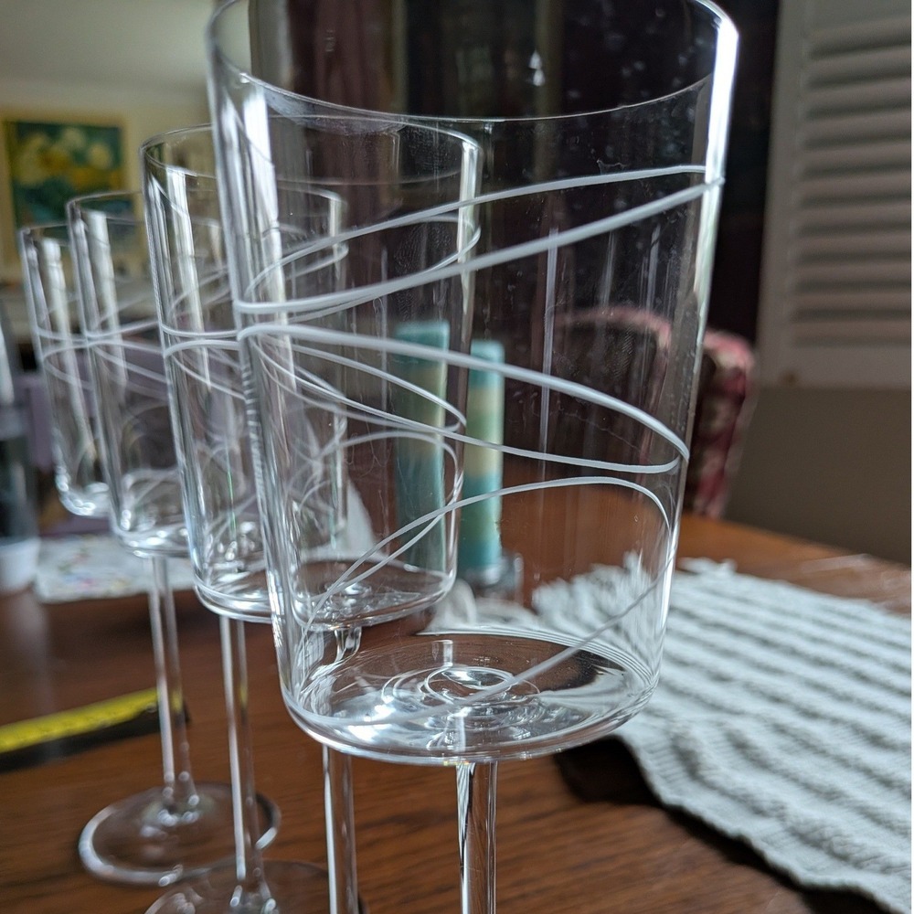 4 Modern Etched Swirl Oval Champagne Flute Wine Clear Crystal Tall Stem Glasses